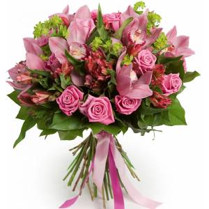 Букет из розовых роз, орхидеи и альстромерии R81